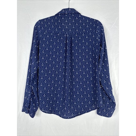 Express Portofino Shirt Womens Size XS Navy Blue Anchor Long Sleeve Roll Tab - Picture 7 of 14